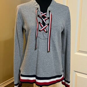 Tommy Hilfiger Gray Lace-Up Sweatshirt with Red and White Accents woman’s S/P